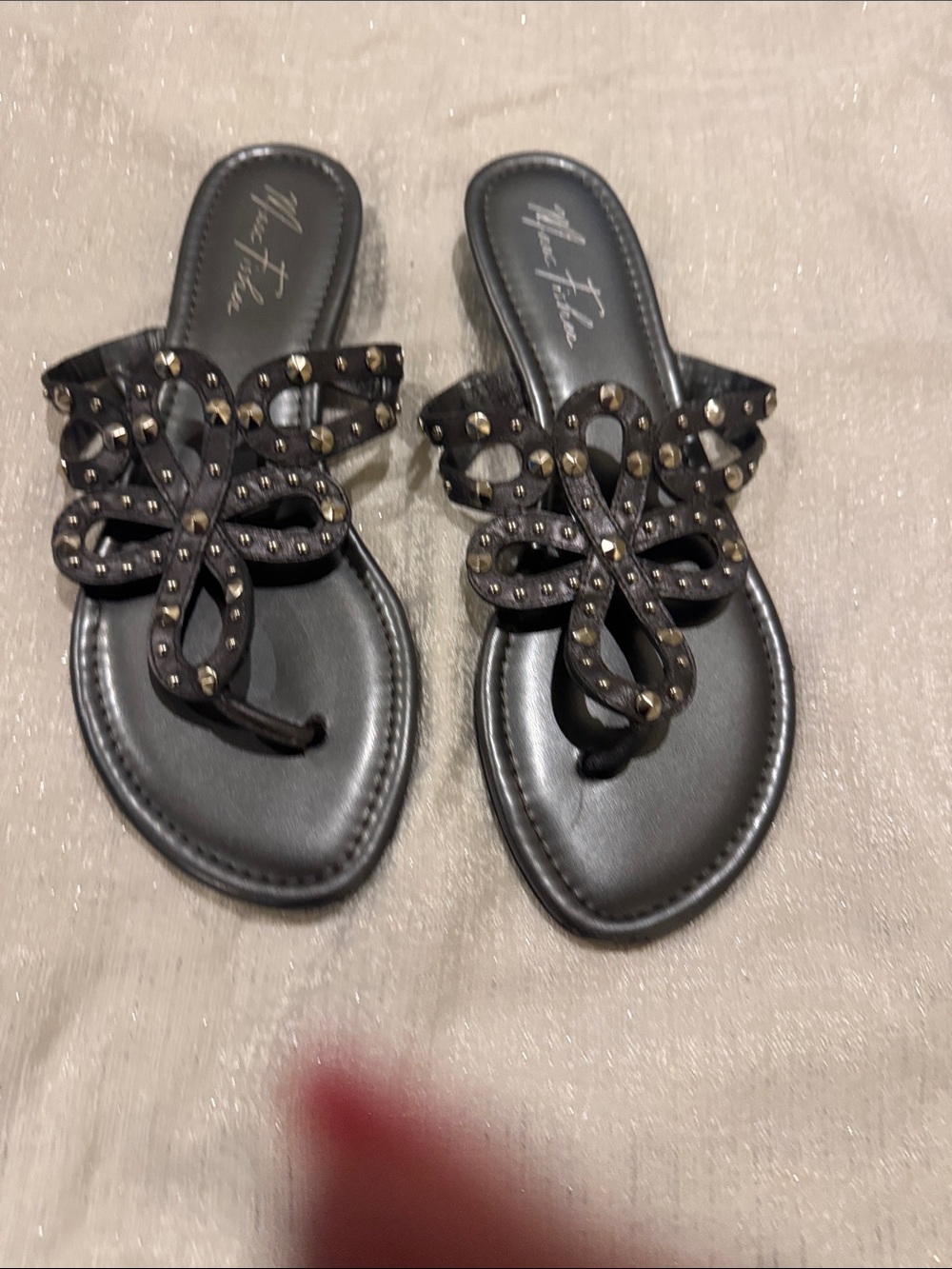 Marc Fisher Black Studded Floral Toe-Loop Sandals